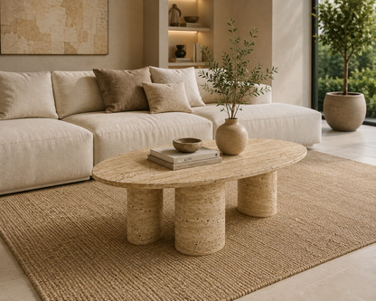 Sola Travertine Coffee Table styled in a luxury modern living room with elegant natural stone details.
