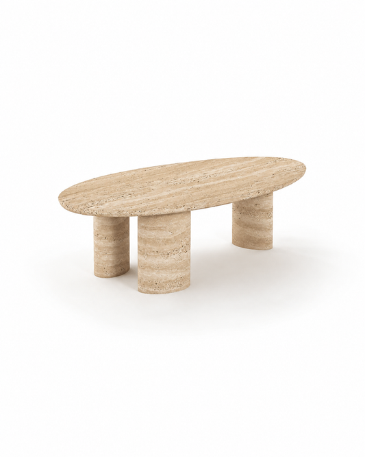 Sola Travertine Coffee Table handcrafted from natural beige travertine with a sculptural modern design.