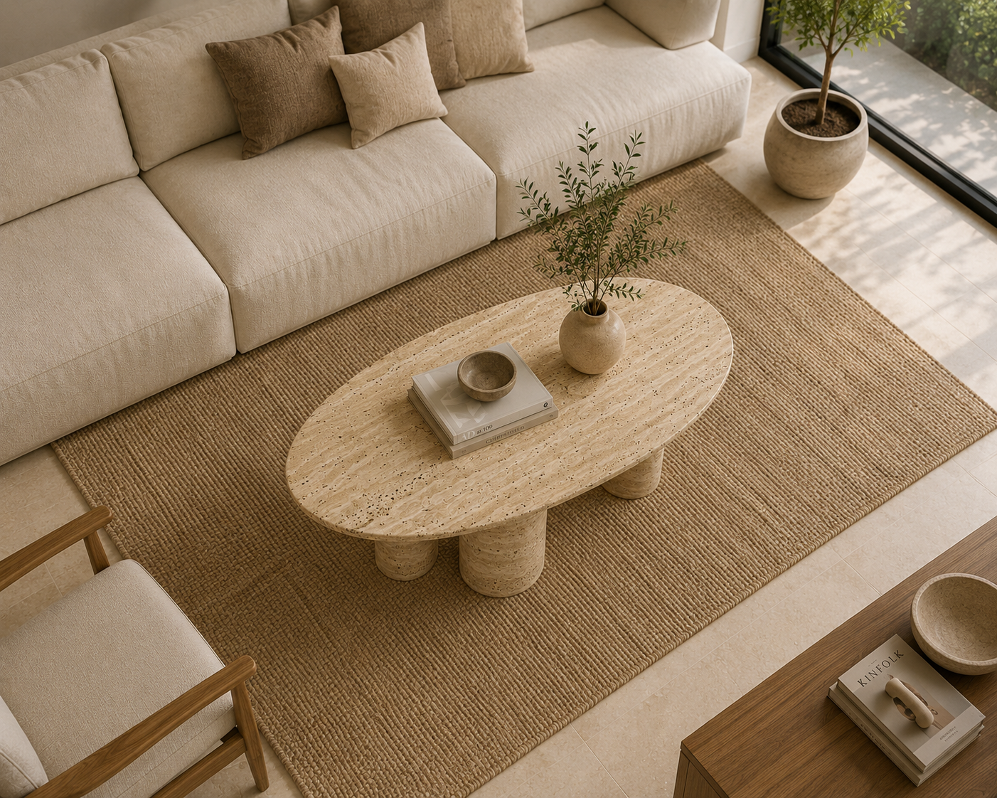 Sola Travertine Coffee Table top view highlighting the natural travertine texture and unique stone variations.