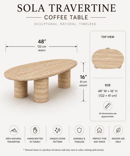 Sola Travertine Coffee Table side view showcasing its sculptural base and contemporary natural stone design.