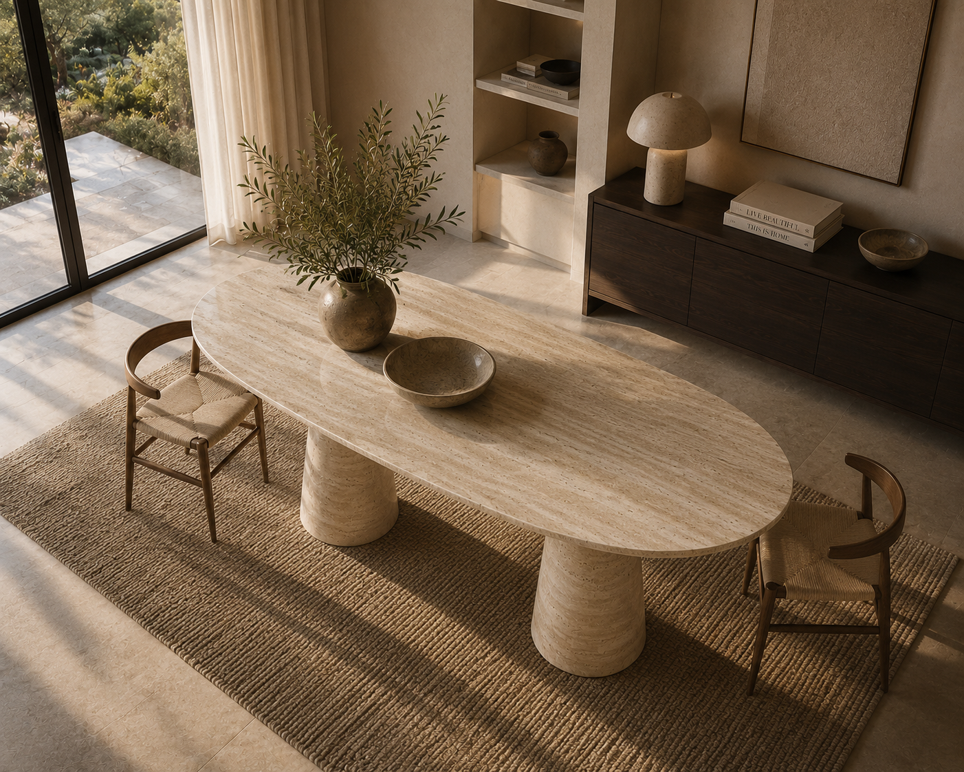 Sonoma Travertine Dining Table styled in a luxury contemporary dining room with elegant natural stone details.