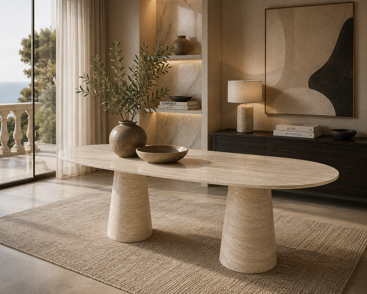 Sonoma Travertine Dining Table top view highlighting the natural travertine texture, veining, and unique stone variations.