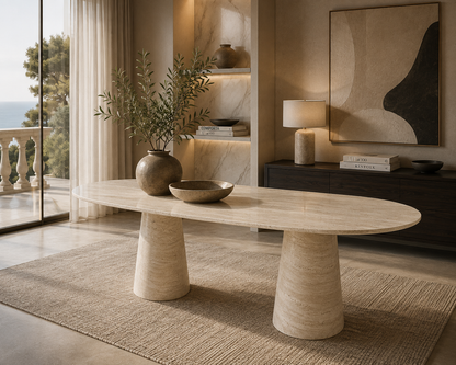Sonoma Travertine Dining Table top view highlighting the natural travertine texture, veining, and unique stone variations.
