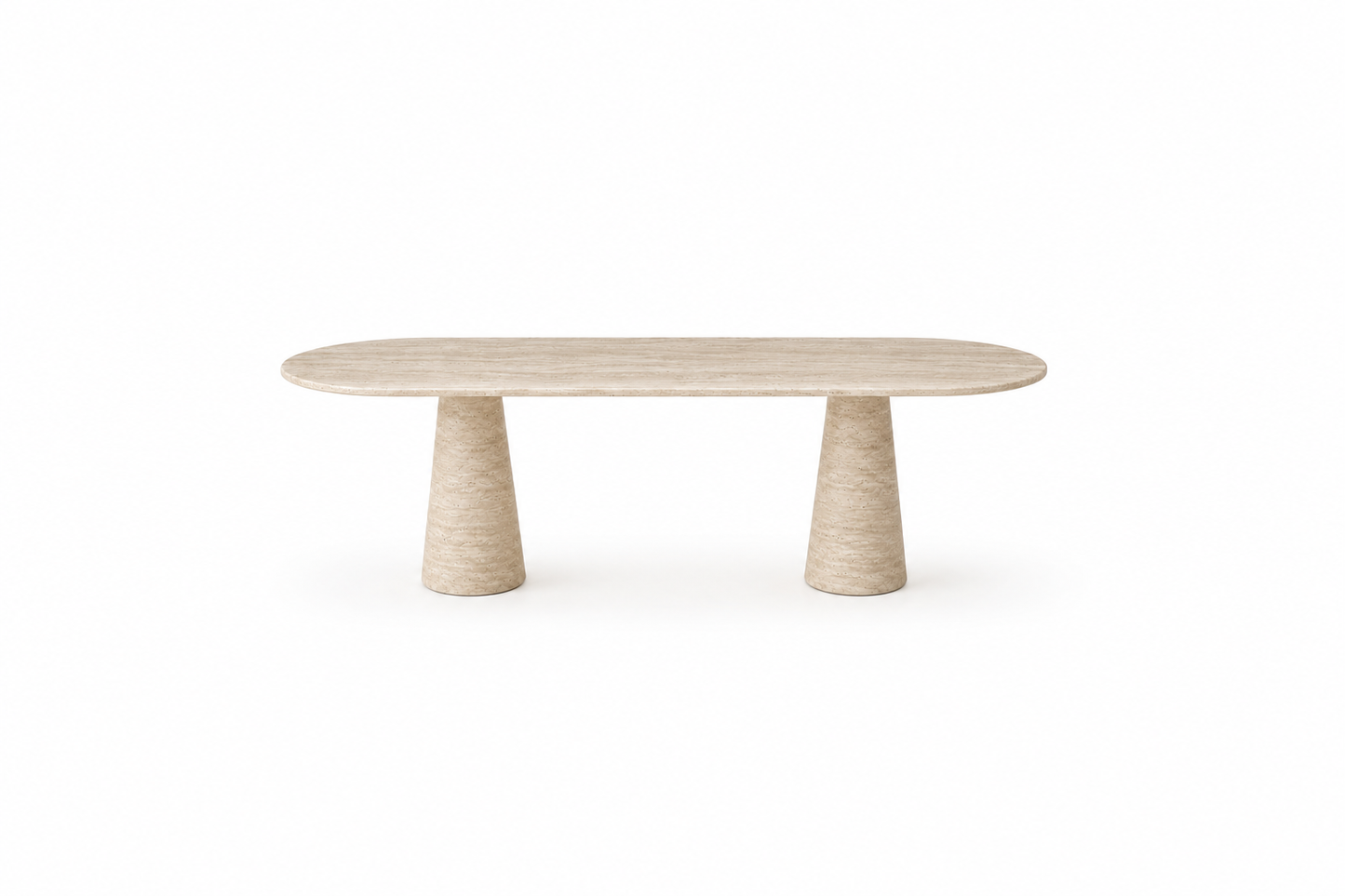 A minimalist modern table with a light beige wood oval top and two textured cylindrical legs, shown on a solid white background.
