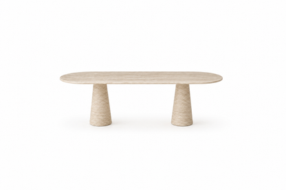A minimalist modern table with a light beige wood oval top and two textured cylindrical legs, shown on a solid white background.