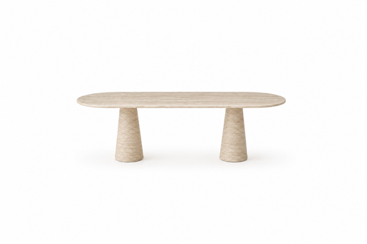 A minimalist modern table with a light beige wood oval top and two textured cylindrical legs, shown on a solid white background.