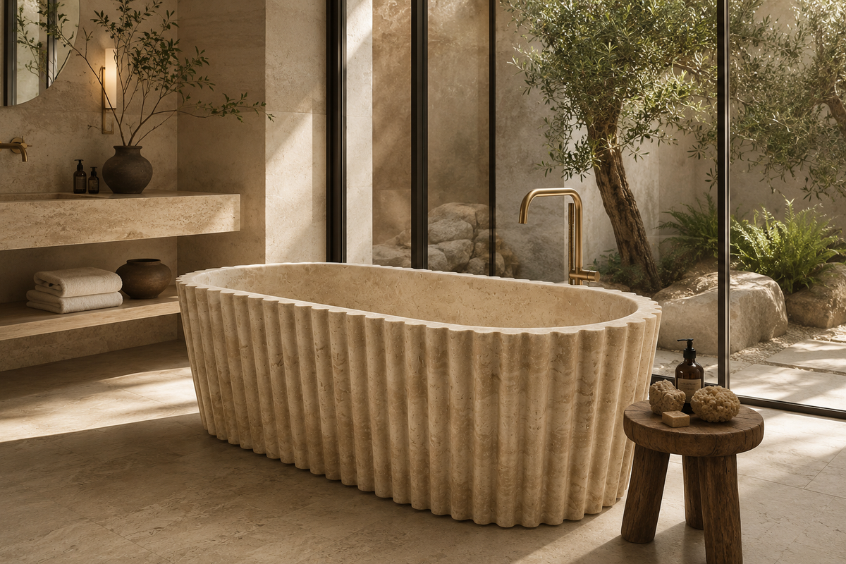 Luxury beige travertine bathtub with fluted design, handcrafted natural stone freestanding tub with brass faucet.