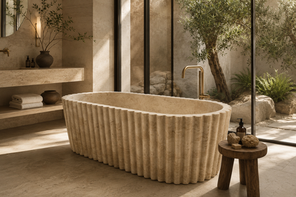 Luxury beige travertine bathtub with fluted design, handcrafted natural stone freestanding tub with brass faucet.