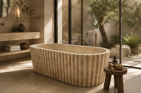Luxury beige travertine bathtub with fluted design, handcrafted natural stone freestanding tub with brass faucet.