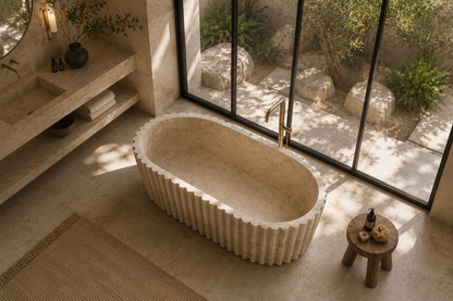 A freestanding oval stone bathtub with a ribbed fluted exterior and a gold-tone faucet, placed in a sunlit minimalist bathroom with large black-framed windows overlooking an outdoor stone garden.
