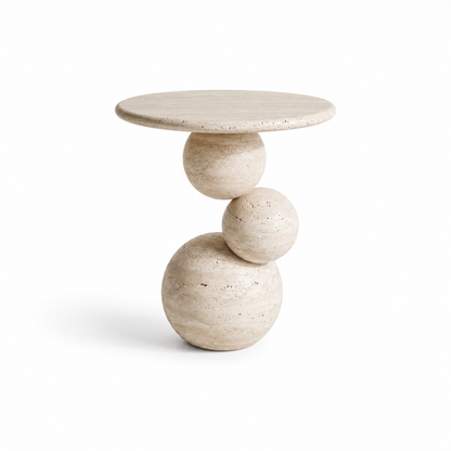 Travertine Orb Side Table handcrafted from natural beige travertine with a sculptural round design.