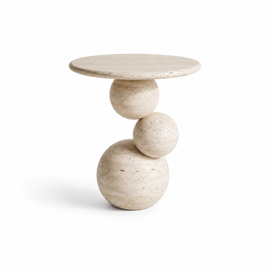 Travertine Orb Side Table handcrafted from natural beige travertine with a sculptural round design.