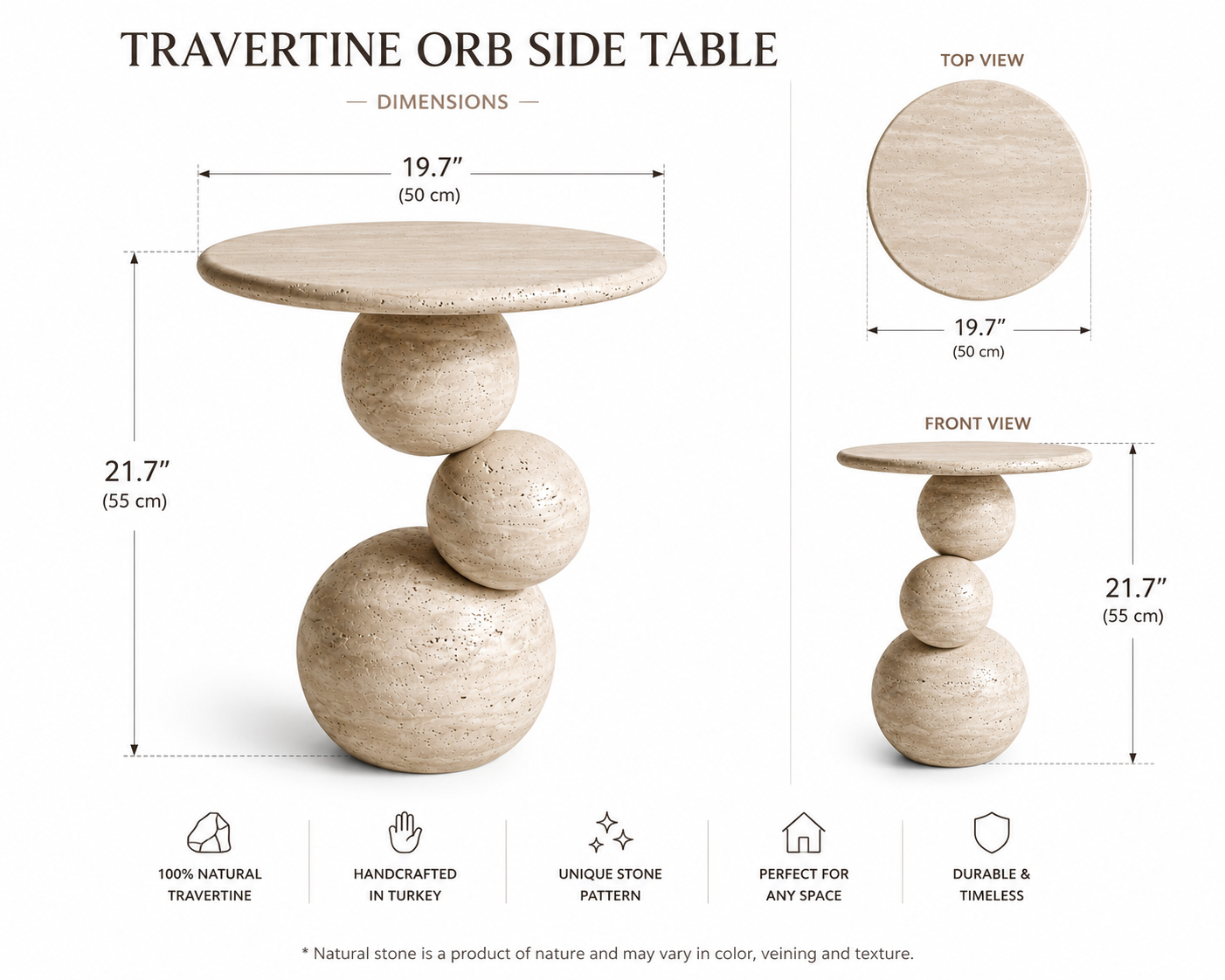 A product infographic for a travertine orb side table, showing top, front, and side views with dimensions labeled as 19.7 inches (50 cm) in diameter and 21.