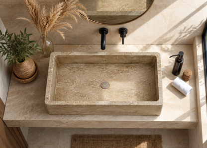 A rectangular stone bathroom sink with a matching stone countertop, black faucet hardware, a mirror, dried grass decor, a small plant, and a white towel in a styled bathroom setting.