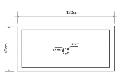 Dimensions diagram of Troia Travertine Sink, measuring 120cm x 40cm with hole dimensions.