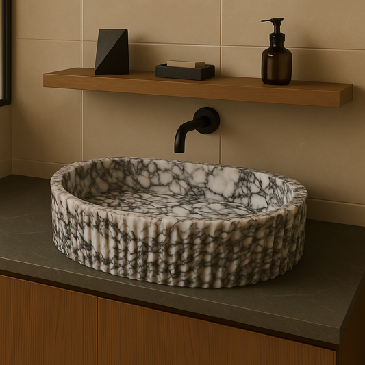 White Viola Calacatta Vessel Sink in natural marble — polished stone basin with natural veining, handmade in Turkey
