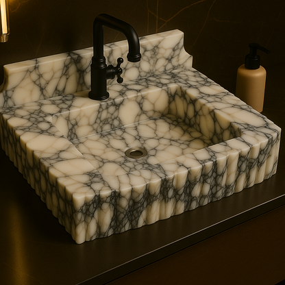 White Calacatta Viola Custom Vessel Sink in natural marble — natural stone washbasin for a modern or transitional bathroom