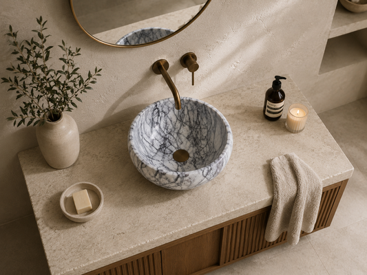 Viola Calacatta Oval Vessel Sink in natural marble — carved from a single block of natural stone, no two pieces alike