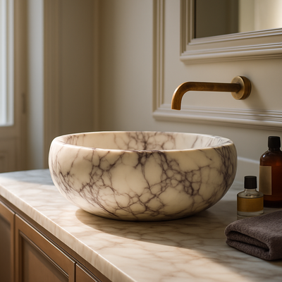 Viola Calacatta Oval Vessel Sink in natural marble — hand-carved natural stone basin for a bathroom vanity or powder room
