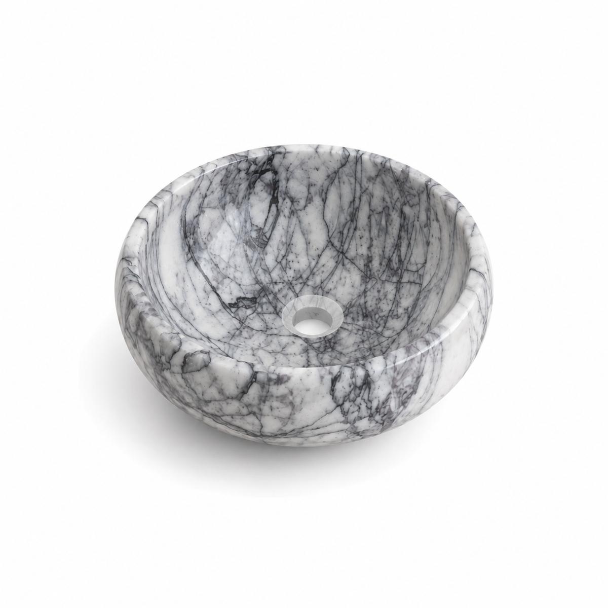 A round vessel bathroom sink made of white marble with prominent dark gray and black veining, shown on a clean white background.