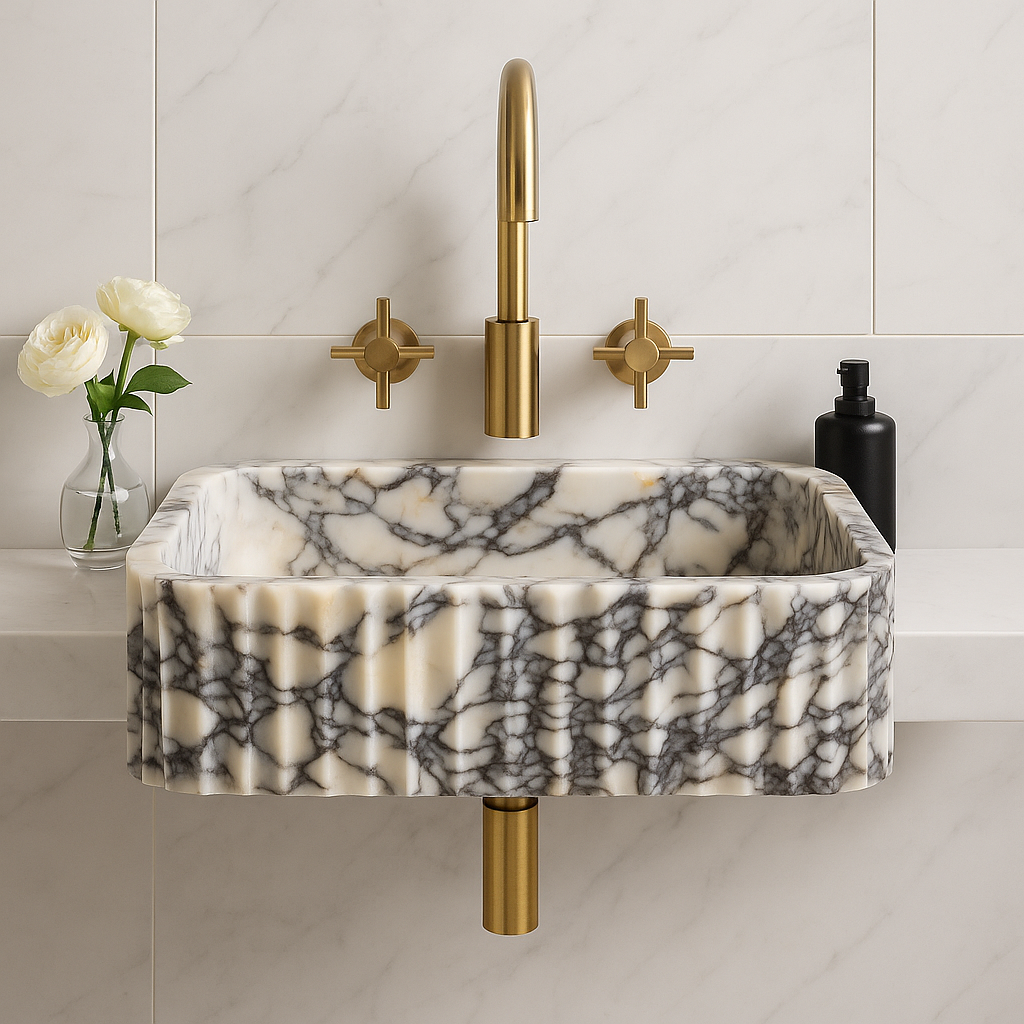 Calacatta Viola marble sink with gold faucet in modern bathroom setting, showcasing unique veining and elegant design.