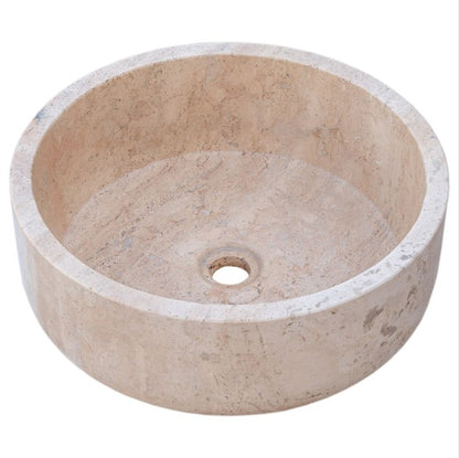 Handcrafted beige travertine marble sink, round vessel basin showcasing natural texture and earthy tones.
