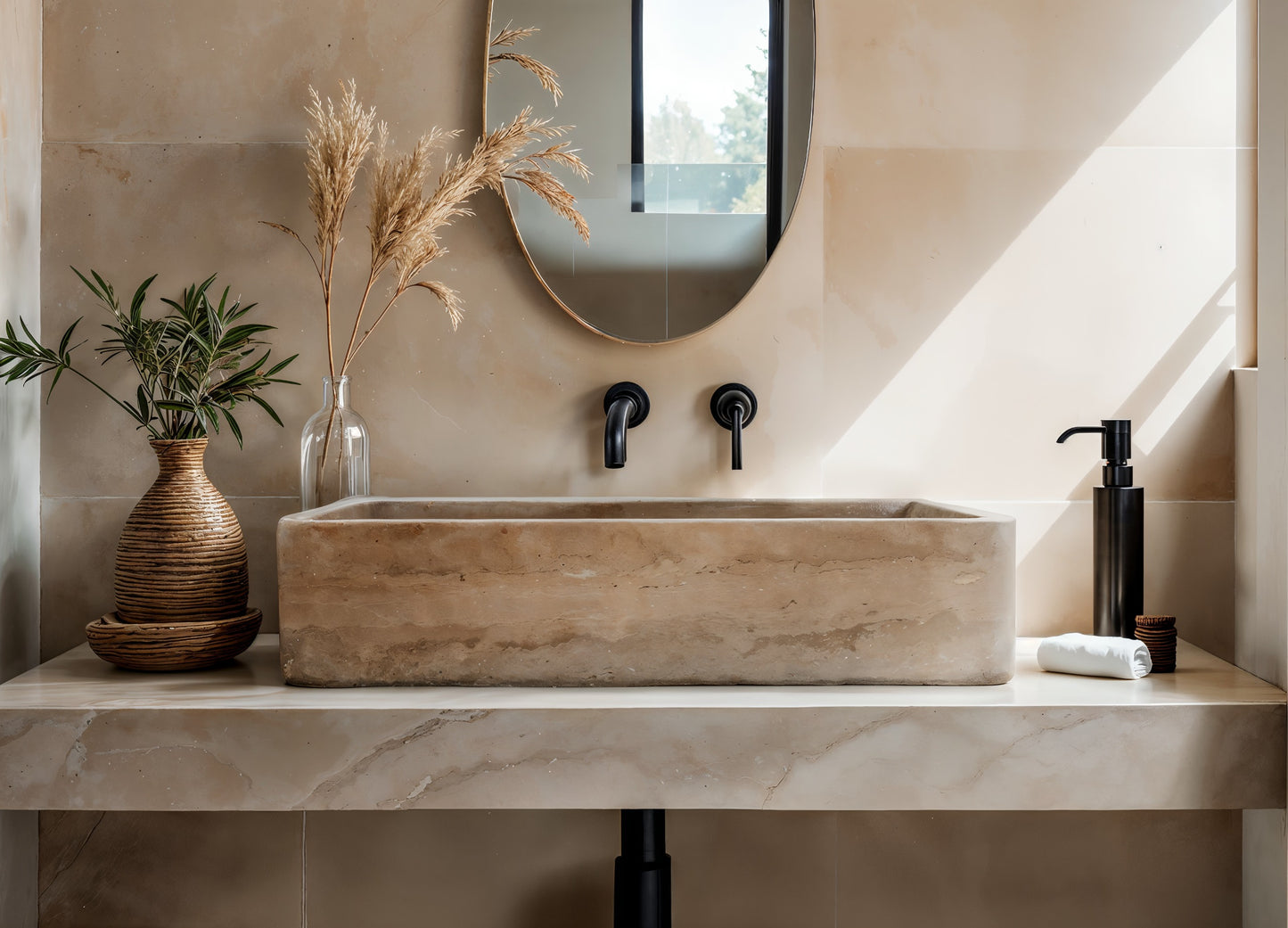 Light travertine rectangular vessel sink in a modern bathroom setting with natural decor.