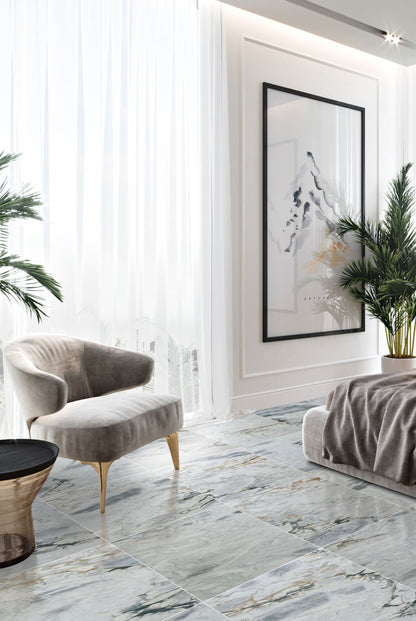 Exquisite Aqua White Exotic Marble slab showcasing elegant natural patterns for upscale interior design and architectural projects.