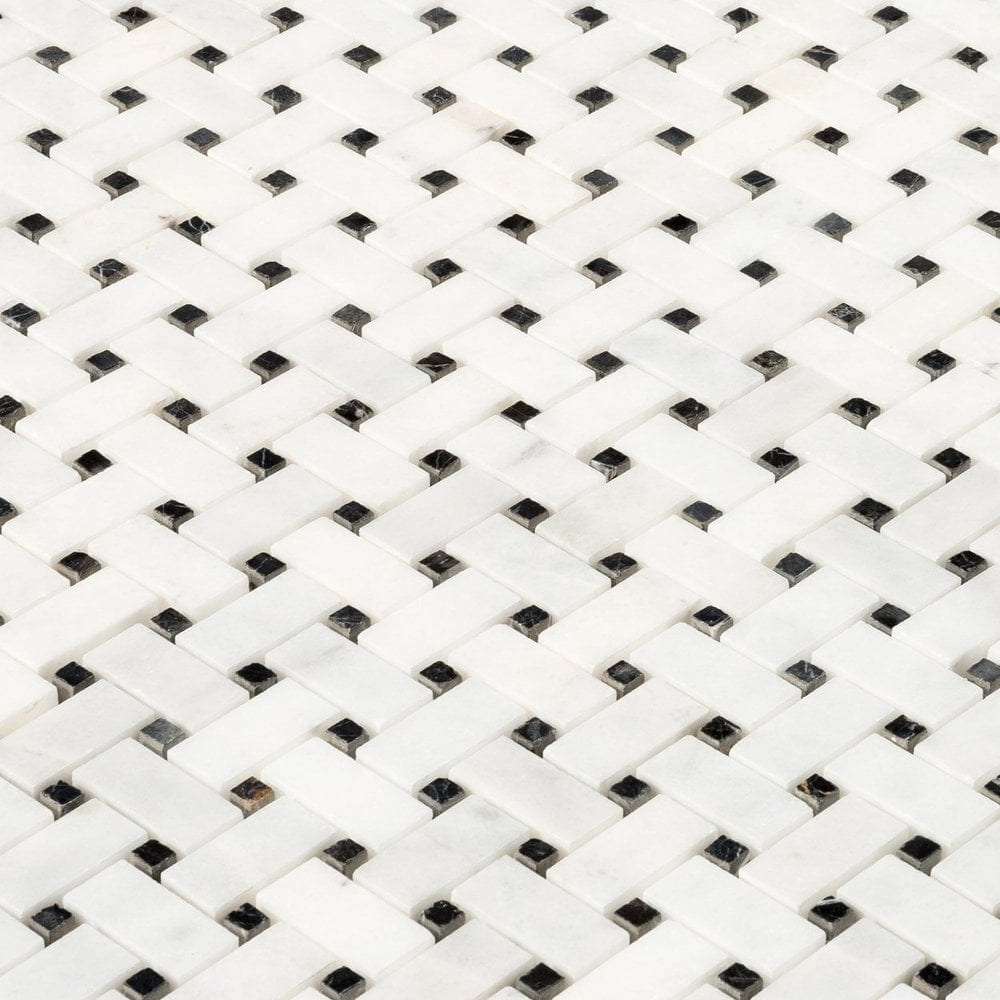 Elegant Carrara White basketweave tile pattern showcasing classic design and timeless elegance