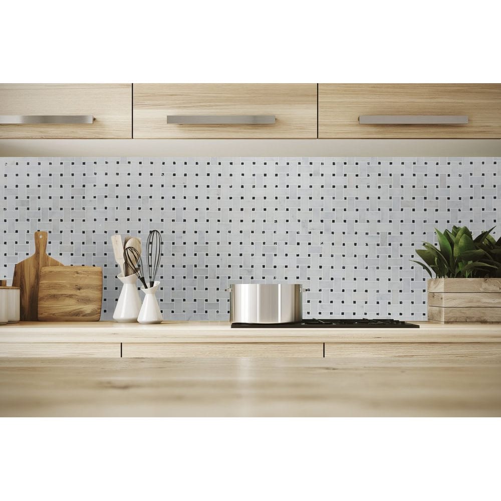 Elegant Carrara White basketweave tile pattern showcasing classic design and timeless elegance