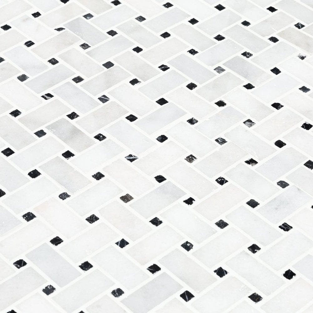Elegant Carrara White basketweave tile pattern showcasing classic design and timeless elegance