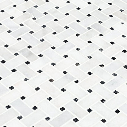 Elegant Carrara White basketweave tile pattern showcasing classic design and timeless elegance
