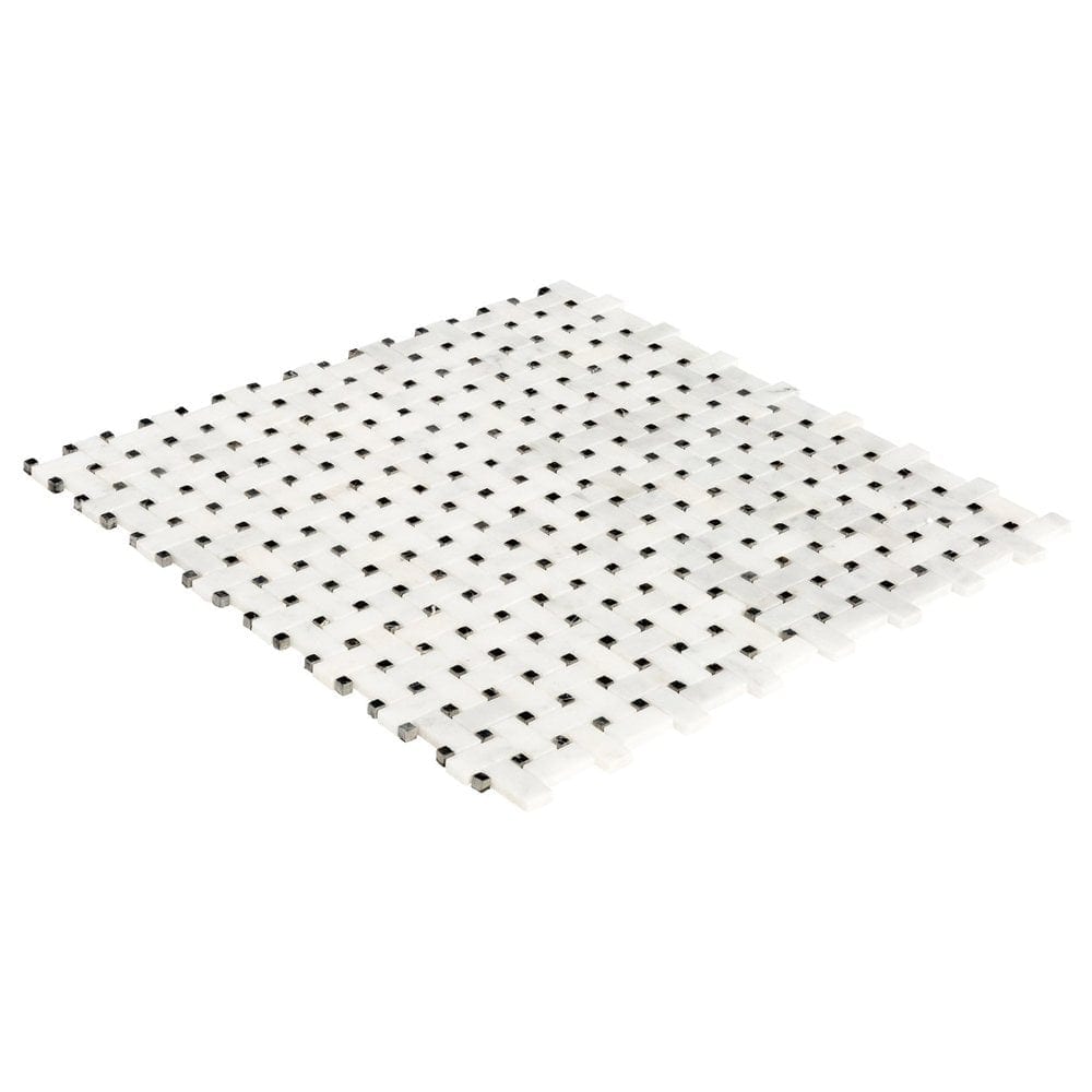 Elegant Carrara White basketweave tile pattern showcasing classic design and timeless elegance