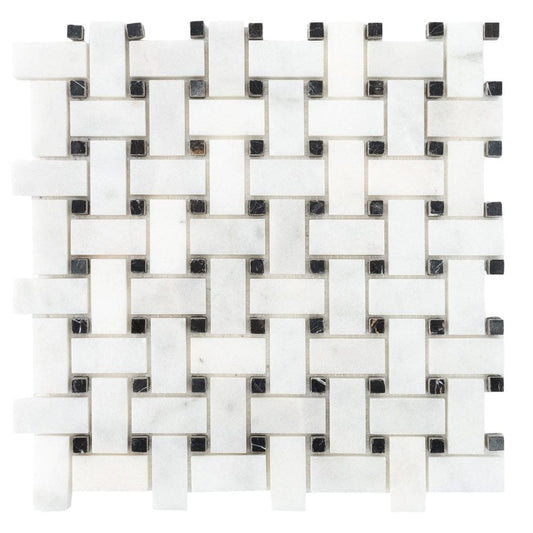 Elegant Carrara White basketweave tile pattern showcasing classic design and timeless elegance