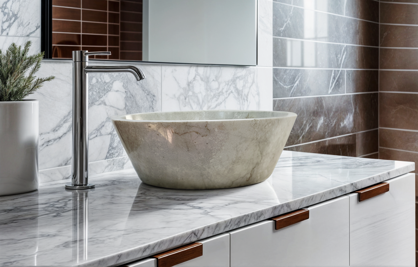 View the image of Beige Marble Conical Vessel Sink (BRS001) at BROSMARBLE. Premium marble sink in the Sinks category, available for $345.00.