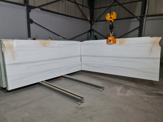 High-quality Bianco Dolomiti marble slabs showcasing elegant natural patterns for premium architectural projects