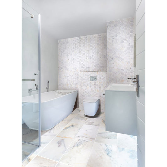 Elegant Bianco marble surface showcasing natural white veining for sophisticated interior design and architectural projects.