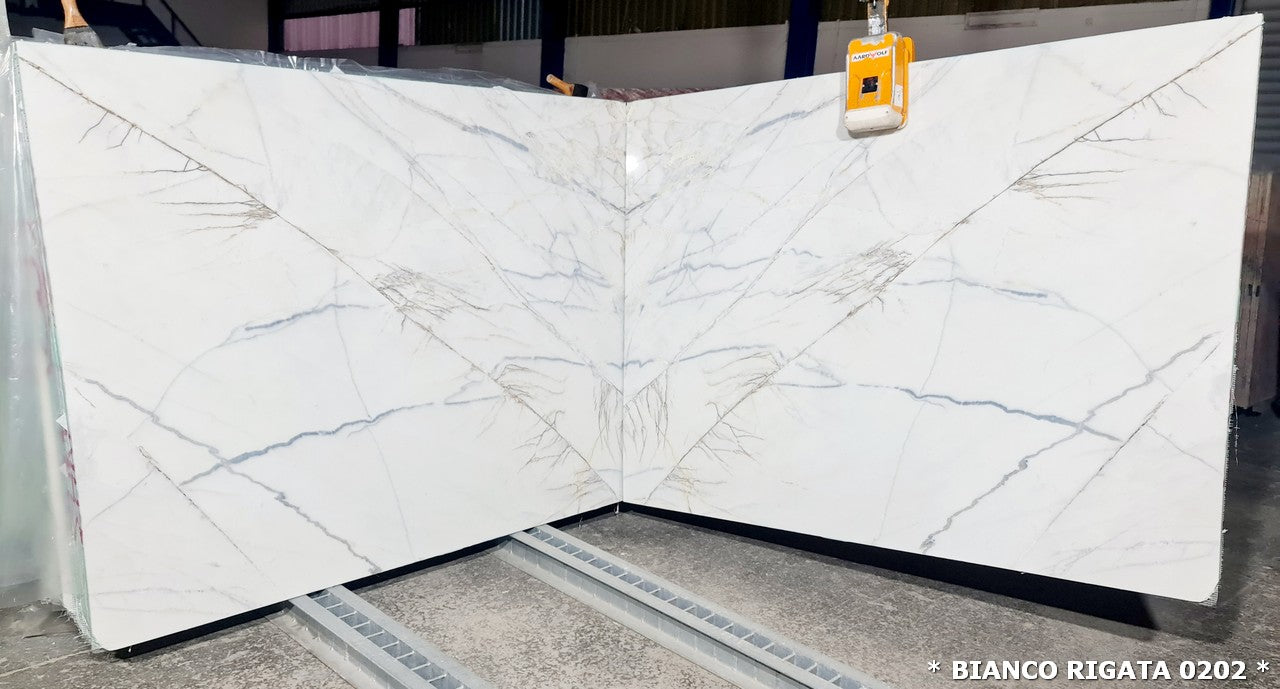High-quality Bianco Rigata marble slabs showcasing elegant patterns and durability for premium interior design.