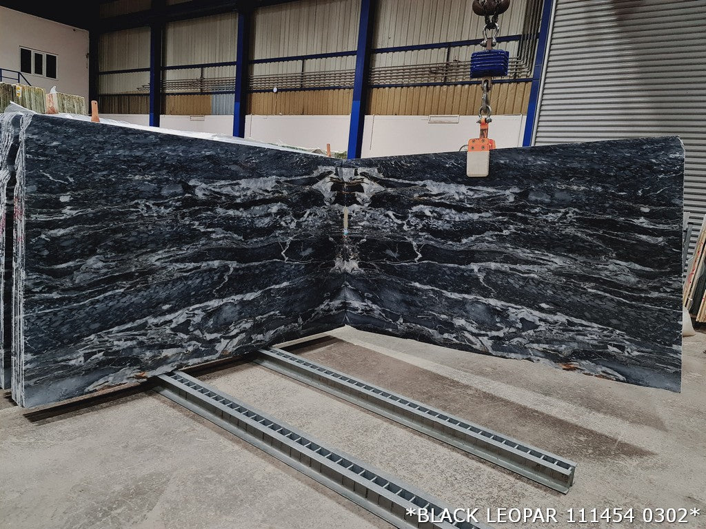 Black leopard inspired pattern on premium marble slabs showcasing elegance and durability for upscale interior design