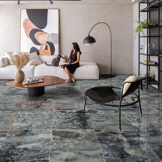 Elegant black leopard design on polished marble tiles, perfect for luxurious interior decor and sophisticated floor patterns.