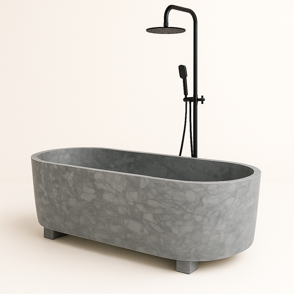 Freestanding Grey Marble Bathtub — solid natural stone soaking tub carved from a single block