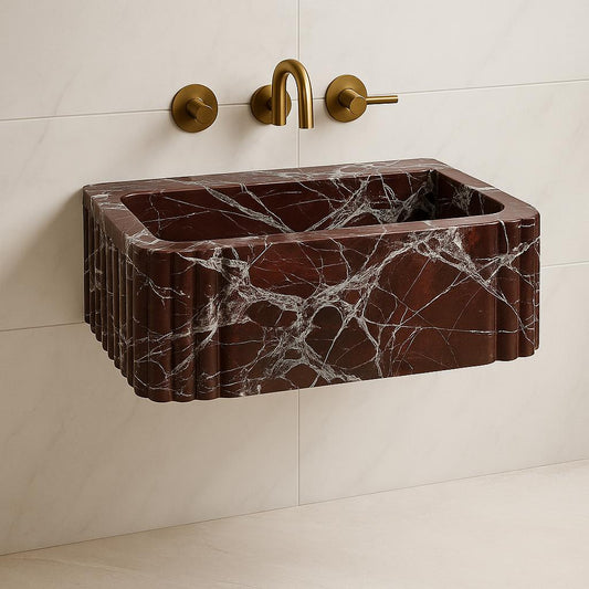 Natural Rosso Marble Sink with rich red hues and white veining, perfect for elegant bathrooms and kitchens.