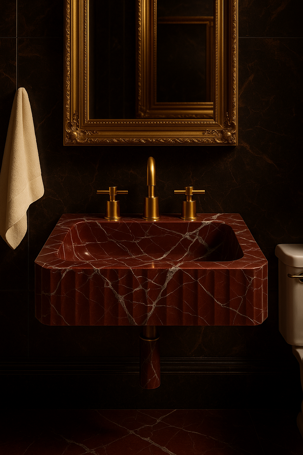 Natural Rosso Marble Sink with gold faucets in elegant bathroom setting, showcasing rich red hues and unique veining.