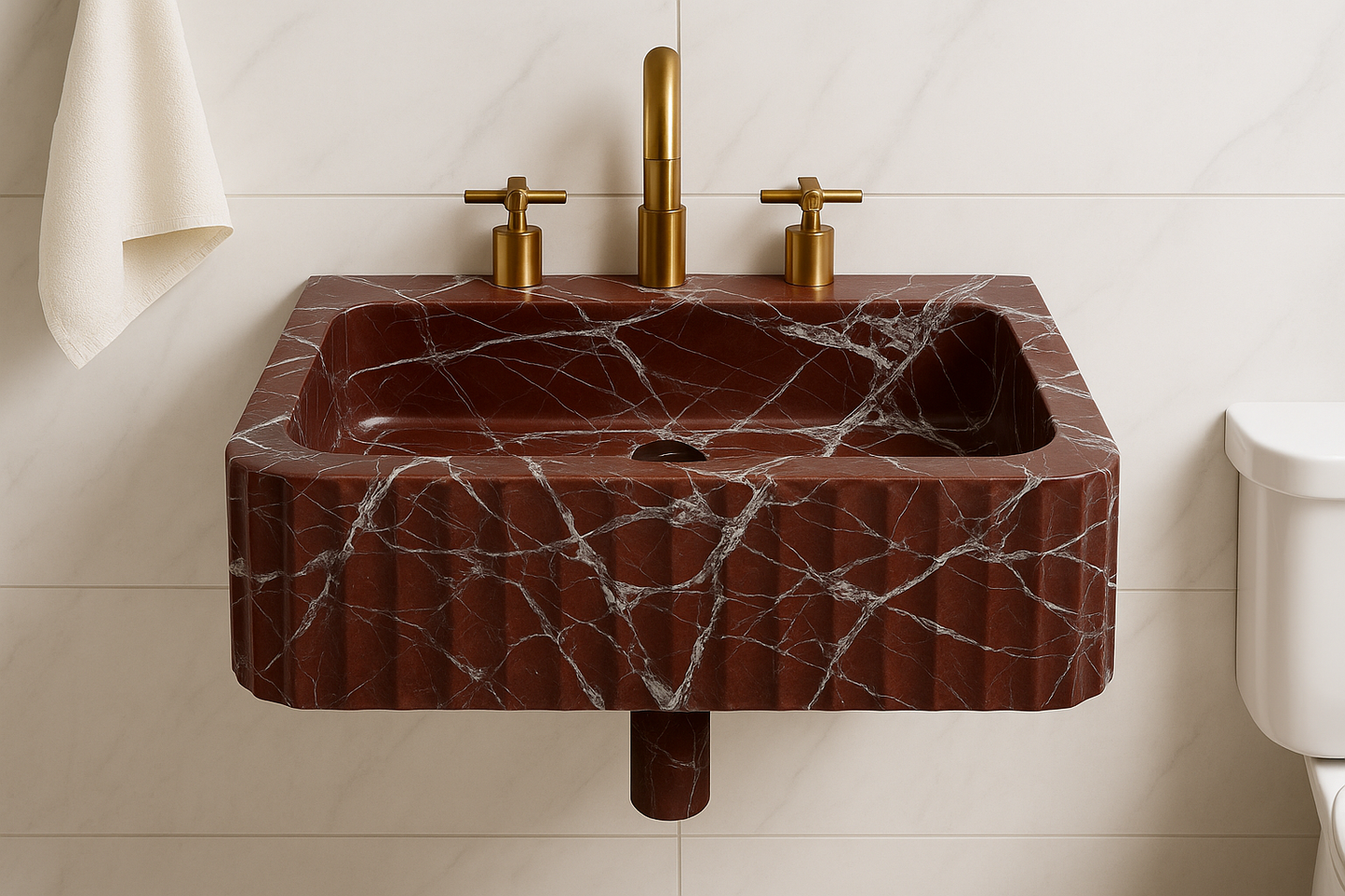 Natural Rosso Marble Sink with gold fixtures, featuring rich red hues and unique veining, perfect for modern bathroom decor.