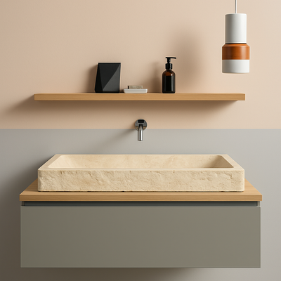 Beige Troia Travertine Trough Vessel Sink — hand-carved natural stone basin for a bathroom vanity or powder room