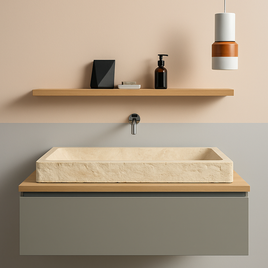Contemporary Troia Travertine Sink on a sleek wooden countertop in an elegant bathroom setting.