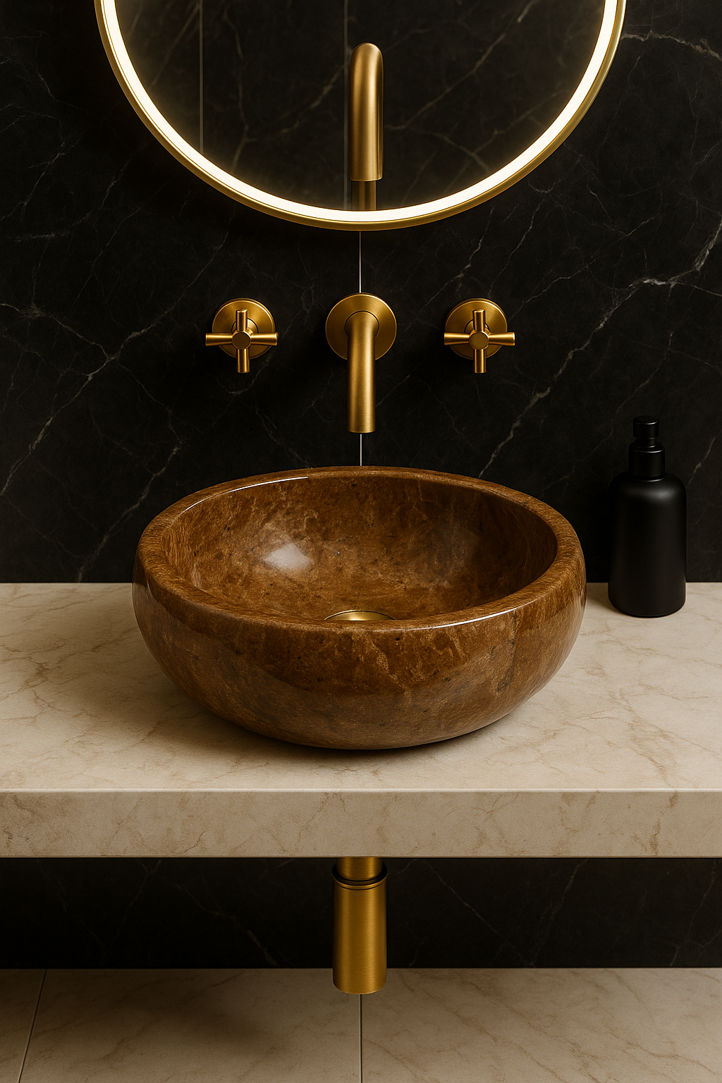 Noce travertine vessel sink on a minimalist countertop with gold fixtures in a modern bathroom.
