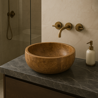 Noce travertine vessel sink in a modern bathroom with minimalist design and polished finish.