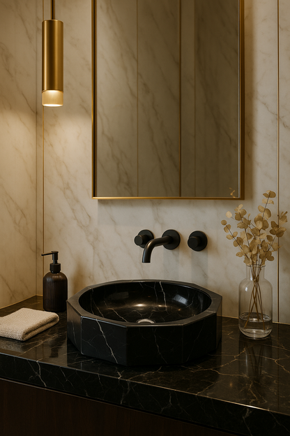 Geometric black marble vessel sink in modern bathroom, featuring polished finish and minimalist design elements.