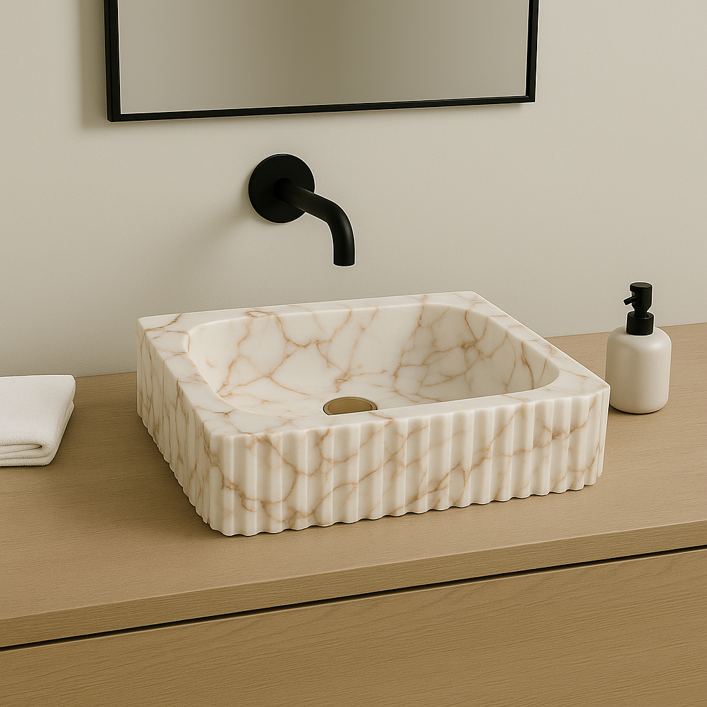 Calacatta marble vessel sink with polished finish, showcasing minimalist design and elegant veining.